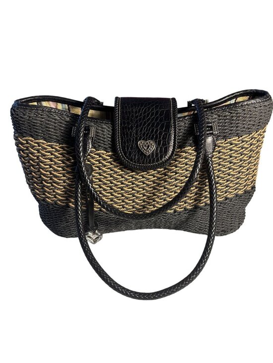 Brighton Handbags - Brighton Savannah Black & Tan Braided Woven Handbag Heart Charm Accent